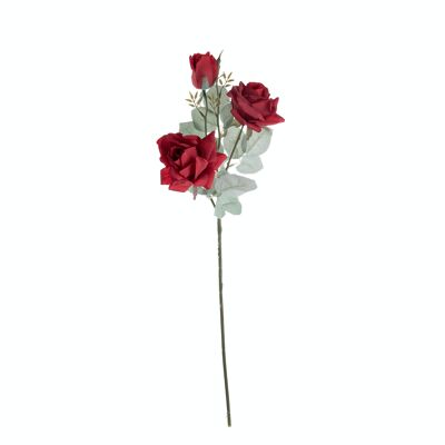 Branche de rose à 3 têtes, longueur : 64,5 cm - Rouge
