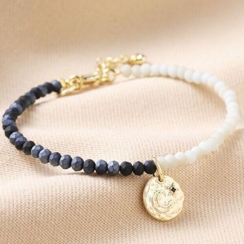 Talisman Moon Charm Navy and Grey Beaded Bracelet in Gold