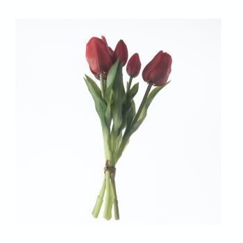 Botte de tulipes en caoutchouc au toucher véritable, 5 brins, 30cm de long - Rouge