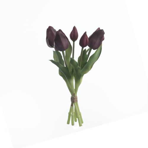 Bunch of real touch rubber tulips, 5 strands, 30cm long - Burgundy