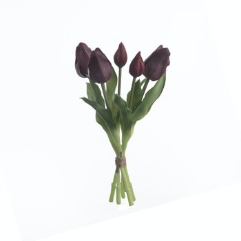 Botte de tulipes en caoutchouc au toucher véritable, 5 brins, 30cm de long - Bordeaux