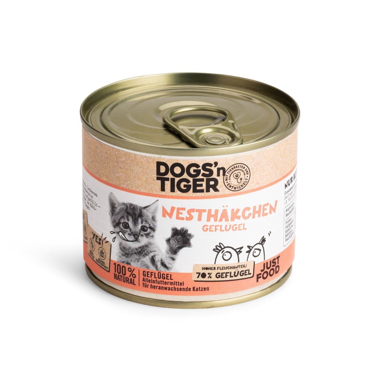 DOGS'n TIGER Junior Premium Cat Food Nesthäkchen, cibo umido per gattini, senza cereali, con il 70% di carne fresca di pollame