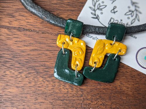 Geometric green and yellow clay earrings