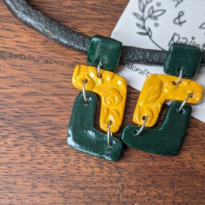 Geometric green and yellow clay earrings