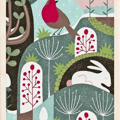Carte postale en bois WINTER ROBIN Carte de Noël