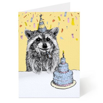 Carte d'anniversaire raton laveur avec gâteau