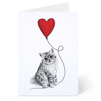 Chat avec carte d'amour de ballon de coeur