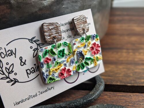 Embossed floral earrings, colourful earrings with a wood- like stud