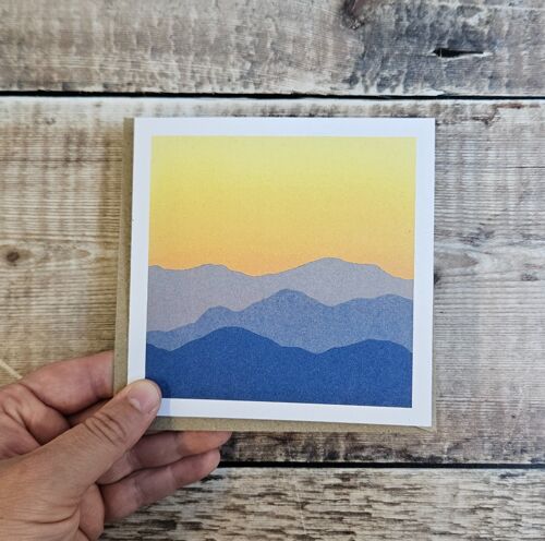 Golden Hour - Blank greeting card with purple/blue mountain tops under a golden sky