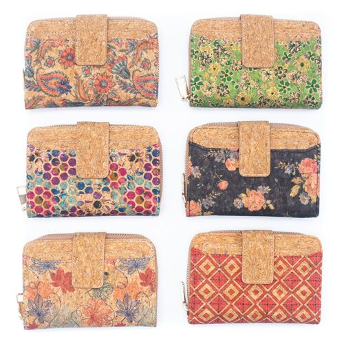 6 Natural Cork card holder Wallets with Floral Print Patterns (6 Units) HY-025-MIX-6