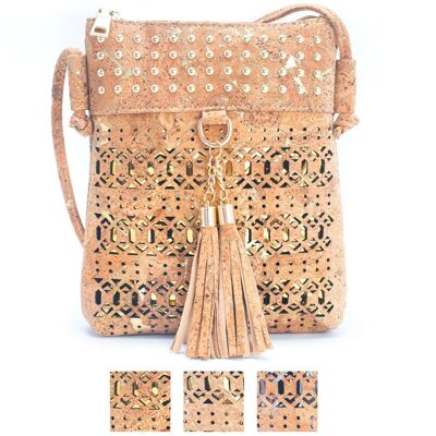 Gold and Silver Accented Cork Women's Cut-out Crossbody Bag with Fringe Zipper BAG-2250