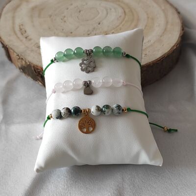 set of 3 natural stone bracelets with stainless steel charms