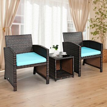 Ensemble de meubles en osier de rotin PE 3 pièces avec coussin canapé Table basse pour jardin Turquoise 2