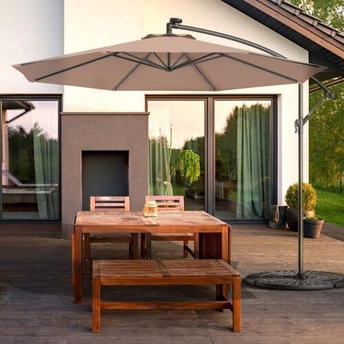 10 Fuß Terrasse hängende Solar-LED-Regenschirm Sonnenschatten mit Cross Base-Tan