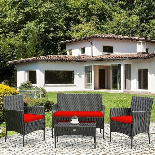 4 PCs Patio Rattan gepolstertes Sofa Möbel mit temperiertem Glas Couchtisch-rot ZAS9614