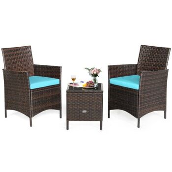 Ensemble de 3 meubles de patio en rotin canapé rembourré et panneau de verre Deck-Bleu 3
