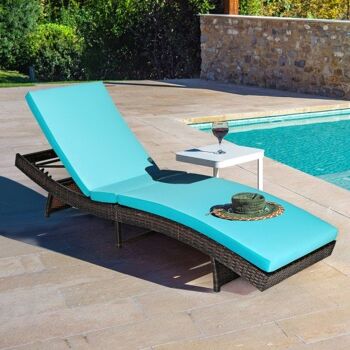 Chaise longue de patio en rotin réglable et pliable avec coussins Turquoise 2