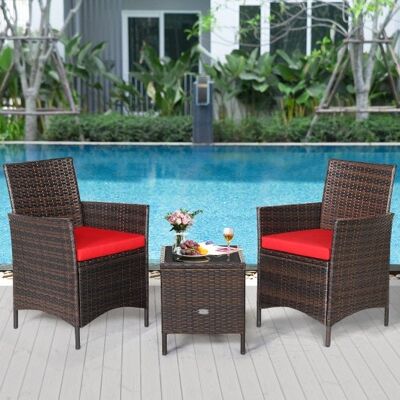 3 Stücke Terrasse Rattan Möbel Set gepolstertes Sofa und Glasplatten-Deck-Rot