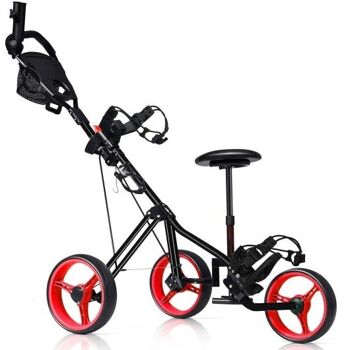 Chariot de golf pliable à 3 roues Push Pull avec poches d'affichage-rouge 1