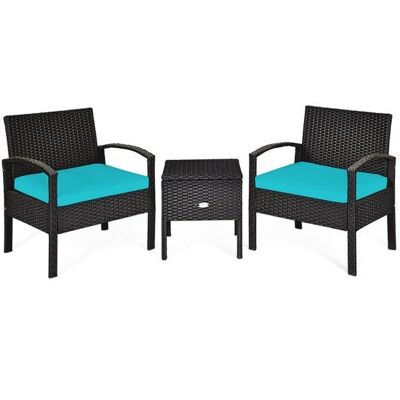 3-teiliges PE Rattan Wicker-Sofa-Set mit waschbarem und abnehmbarem Kissen für Terrassen-Turquoise