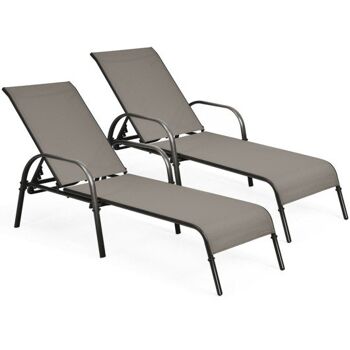 2 PCs Outdoor Patio Lounge Chair Chaise Tissu avec accoudoir inclinable réglable-Marron 3