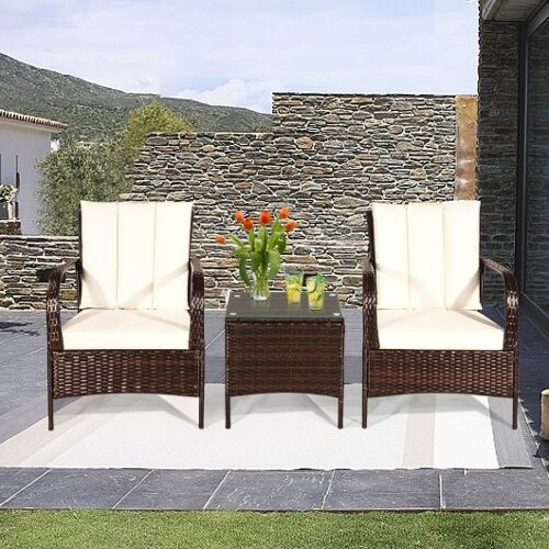 3 PCs Terrasse Gespräch Rattan Möbelset mit Glass Top Couchtisch und Kissen-Weiß