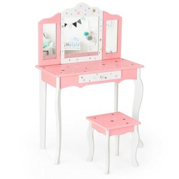 Coiffeuse et chaise princesse pour enfants avec miroir triple et tiroirs rose 1