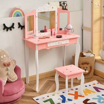 Coiffeuse et chaise princesse pour enfants avec miroir triple et tiroirs rose 2