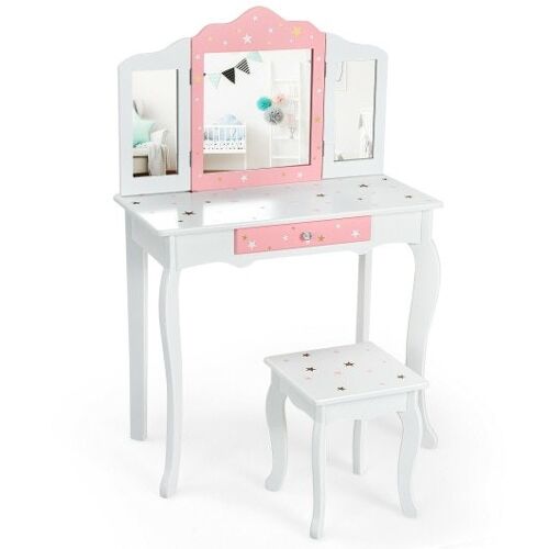 Kinderprinzessin Eitelkeitstisch und Stuhlset mit dreifacher Spiegel und Schubladen-Weiß