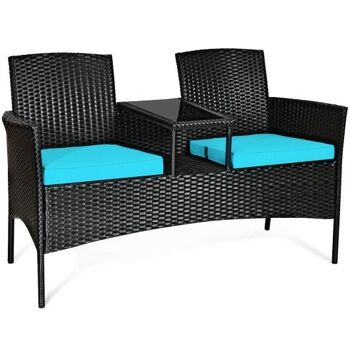 Meuble de conversation de patio en rotin avec coussins amovibles et table turquoise 3