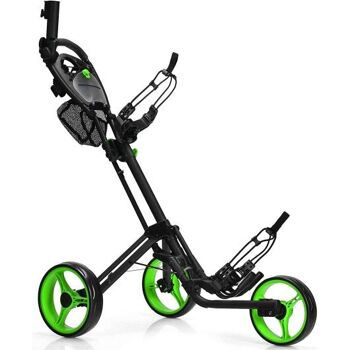 Pliez le chariot de golf à 3 roues avec tableau de bord de frein poignée réglable vert 3