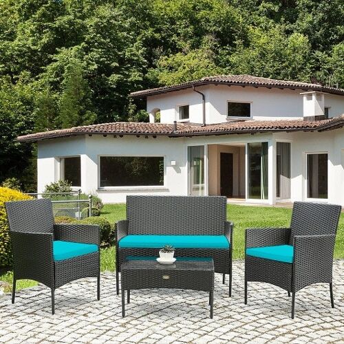 4 PCs Patio Rattan gepolstertes Sofa Möbel mit temperiertem Glas Couchtisch-Turquoise ZAS9920