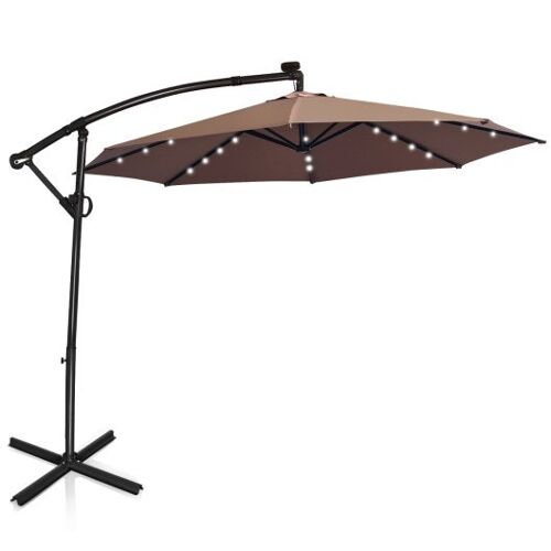 10 ft 360 ° Rotation Solar angetriebener LED-Patio-Offset-Regenschirm ohne Gewichtsbasis-Tan