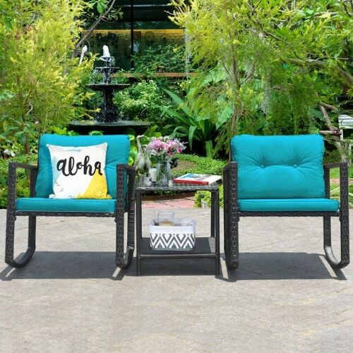 3 PCs Wicker Rocking Bistro-Set mit Glass Couchtisch und Lagerregalblau