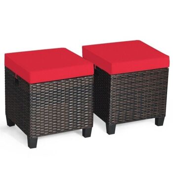 2 pcs Patio Rotin Pouf Siège Rembourré Rouge 1