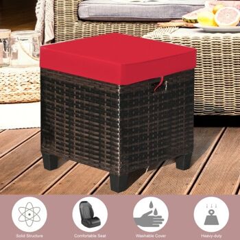 2 pcs Patio Rotin Pouf Siège Rembourré Rouge 3