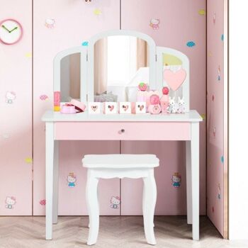Coiffeuse de maquillage de princesse pour enfants avec miroir triple et chaise blanche 1
