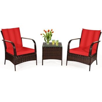 Ensemble de meubles de conversation en rotin de patio 3 pièces avec table basse en verre et coussins-rouge 3