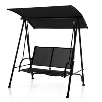Balançoire extérieure à baldaquin 2 places avec siège en tissu confortable et cadre en métal lourd noir 1