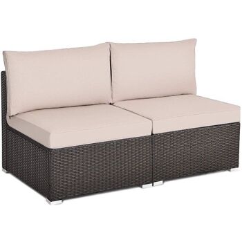 Ensemble de canapé sans accoudoirs en rotin de patio 2 pièces avec 2 coussins et 2 coussins marron 3