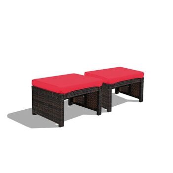 Lot de 2 poufs de patio en rotin avec coussin moelleux pour terrasse et jardin rouge 1