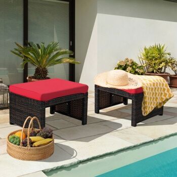 Lot de 2 poufs de patio en rotin avec coussin moelleux pour terrasse et jardin rouge 2