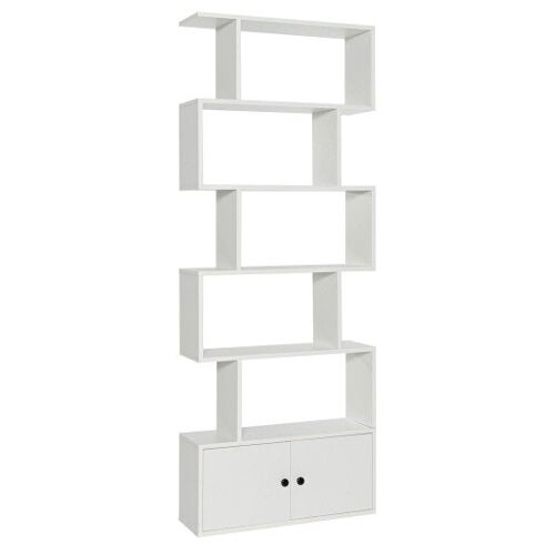 6-stufige S-förmige freistehende Bücherregal mit Kabinett und Türen-Weiß