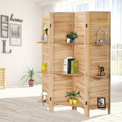 4 Panel Folding Room Divider-Bildschirm mit 3 Display-Regalen-Brown