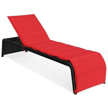 Patio Rattan Lounge Chair Back Chaise longue à dossier réglable avec rembourrage rouge 3