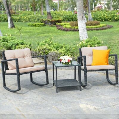 3 PCs Wicker Rocking Bistro-Set mit Glass Couchtisch und Lagerregal-Begege