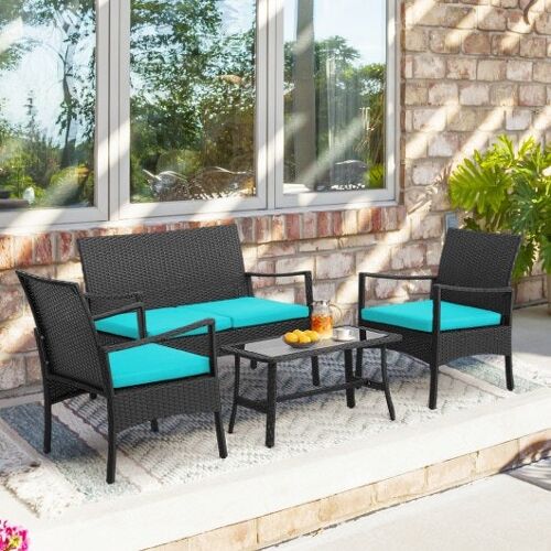 4 Stück Rattan Gespräch mit temperiertem Glas Couchtisch-Turquoise gesetzt