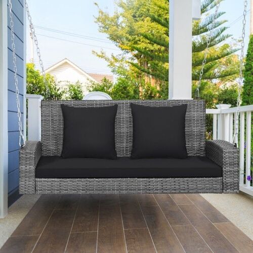 2-Personen-Terrasse Pe Wicker Hängende Veranda Swing Bench Stuhl Kissen 800 Pfund-Schwarz