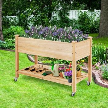 Jardinière surélevée en bois avec étagère à roulettes verrouillable et doublure 1