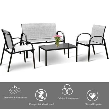 Ensemble de meubles de patio 4 pièces avec table basse en verre - Gris 3